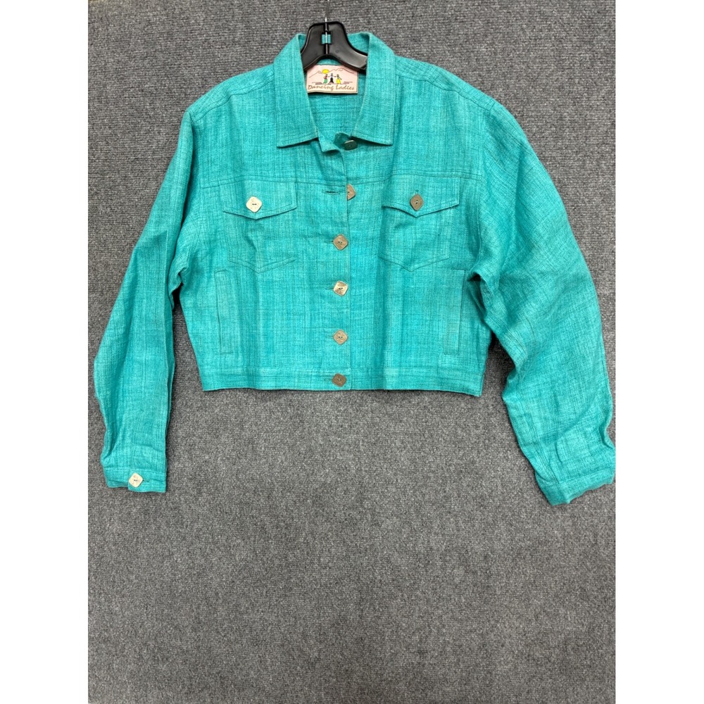 Dancing Ladies Teal Blue 100% Hemp Cropped Jacket Textured Button Up Small